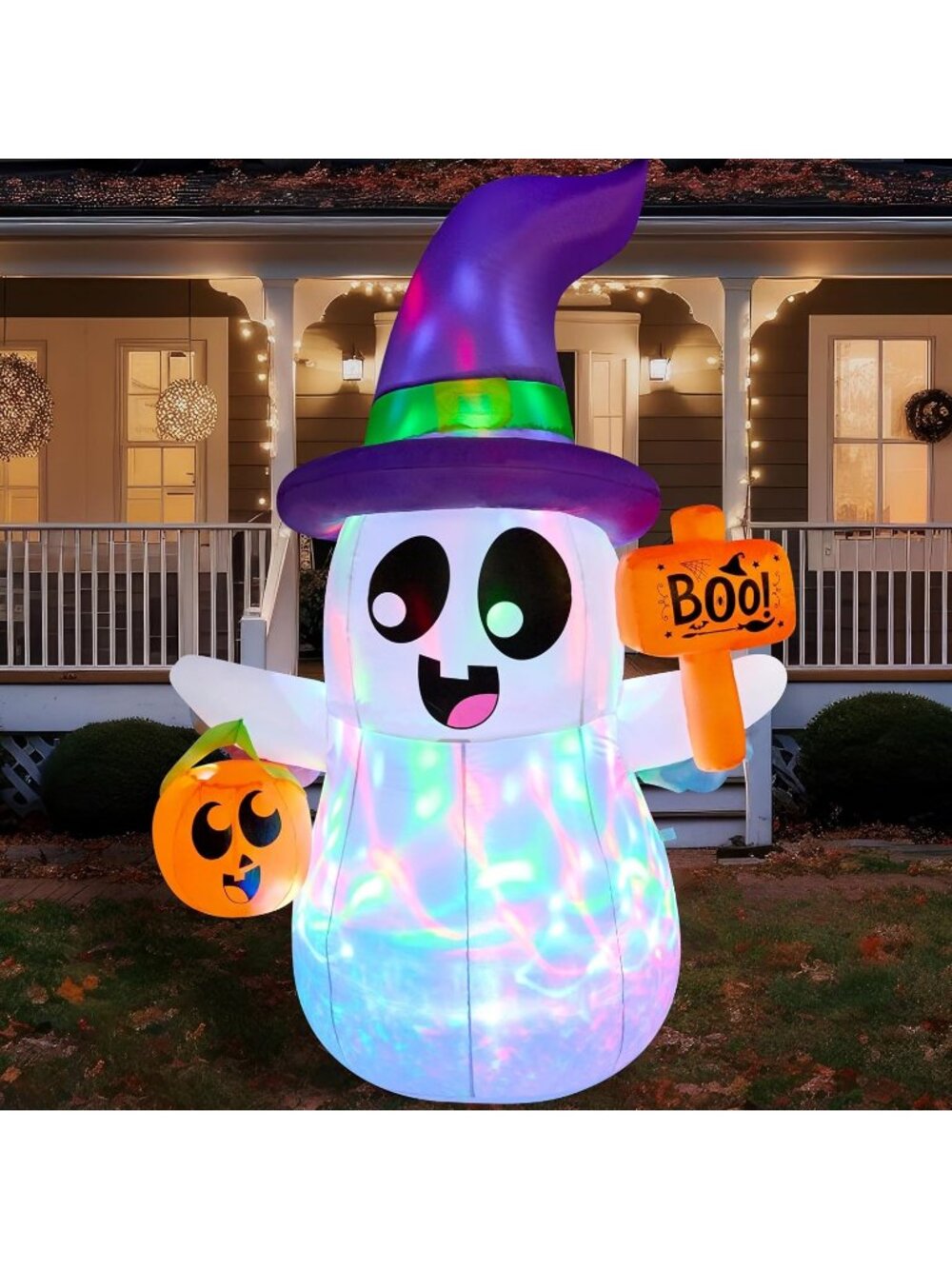 🎃5 FT Halloween Inflatables Ghost Cute Wizard with Pumpkin Blow Up Yard Decor